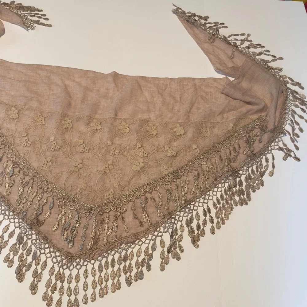 Miss Scarf QQ Triangle Wrap Taupe Lace Floral Fringe Boho Shawl OS Metallic Leaf